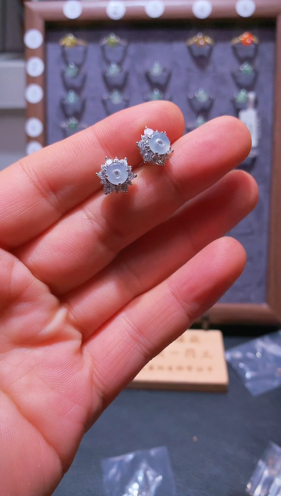 银S925镶嵌翡翠耳钉S925银镶翡翠平安扣女饰品