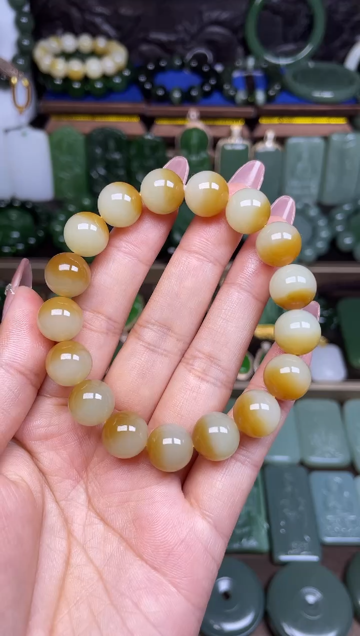 【闪购商品】和田玉手串糖白聚宝盆未镶嵌珠子直径12