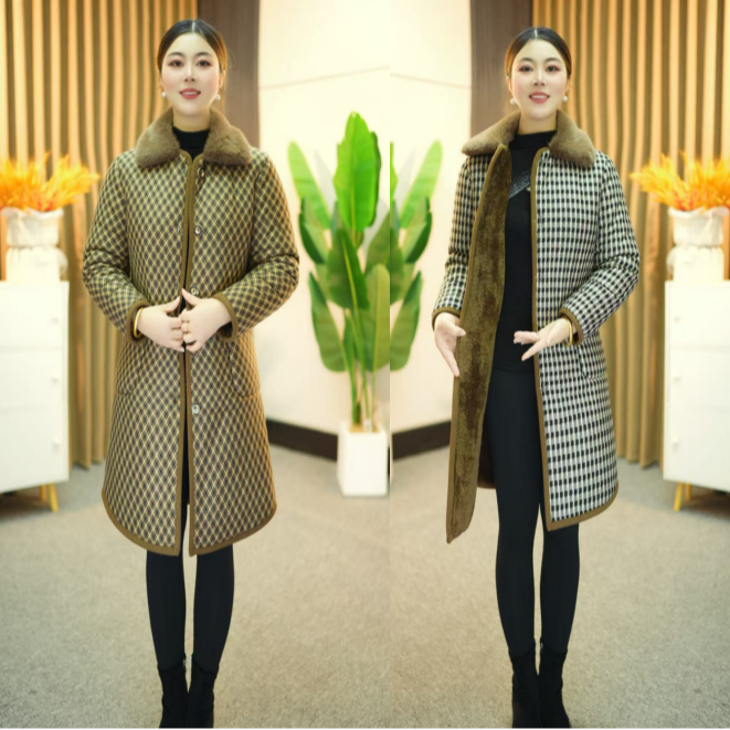 冬季妈妈装加绒加厚棉服外套时尚修身保暖加厚棉衣中长款洋气棉服