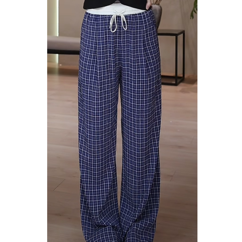 PM王囡囡 蓝格子抽绳松紧腰休闲阔腿裤 ND1B0831