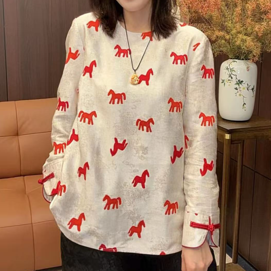 【小红马】新年复古薄款马年新中式圆领上衣宽松ins秋冬女装打底