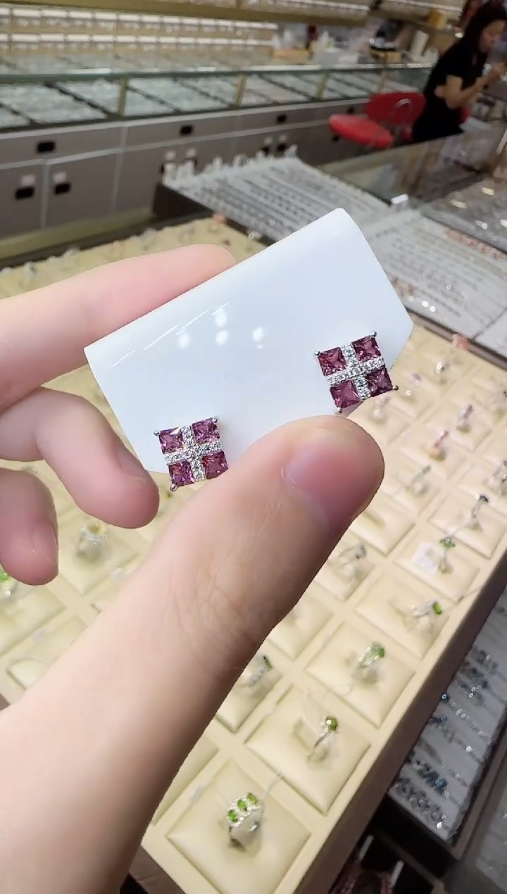 石榴石耳饰银S925镶嵌9mm耳钉