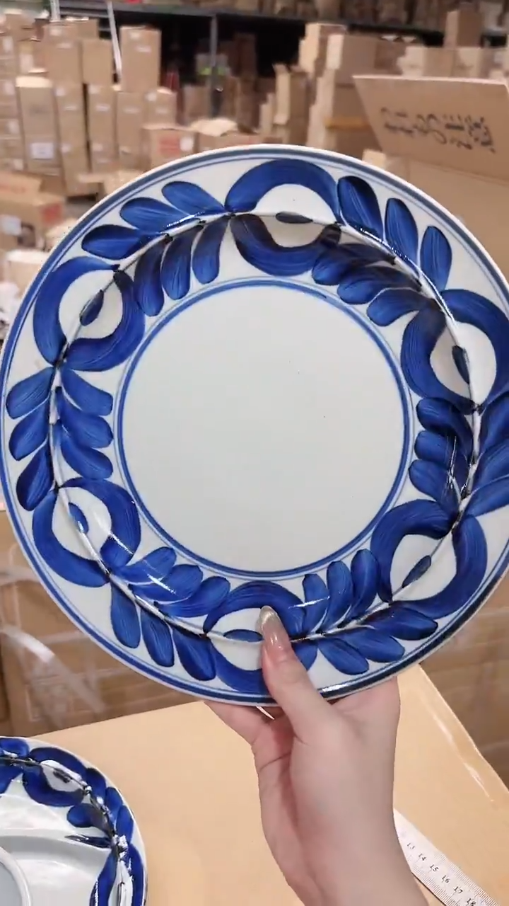 陶瓷清仓蓝海草25.5cm草帽盘一个