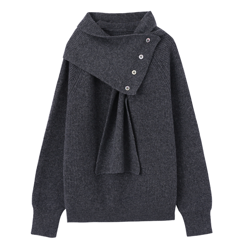 2025新慵懒风灰色带围巾正肩毛衣女款冬季大码显瘦针织衫上衣