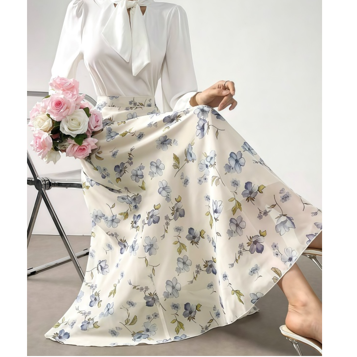 A80韩系温柔碎花显瘦半身裙时尚减龄高腰法式裙A裙摆女