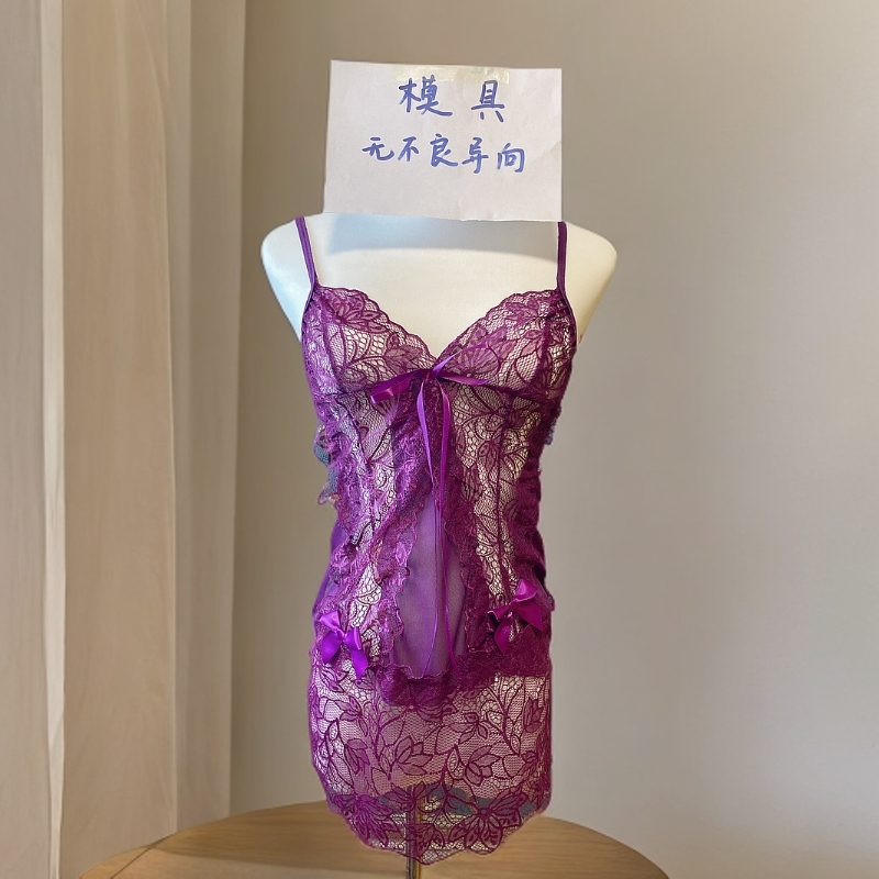 紫色纯欲蕾丝网纱绑带高奢美背性感网红睡裙
