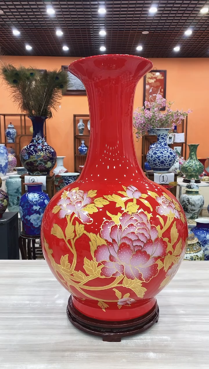 摆件红色花开富贵赏瓶60*36+旋转底座