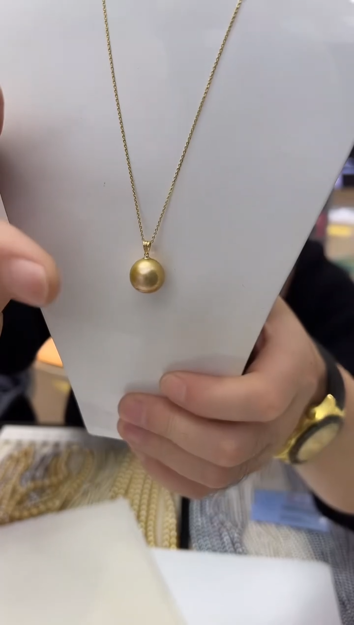 无链子925银【飛梵•18】13-14mm正圆浓金几乎无暇瓜子扣吊坠