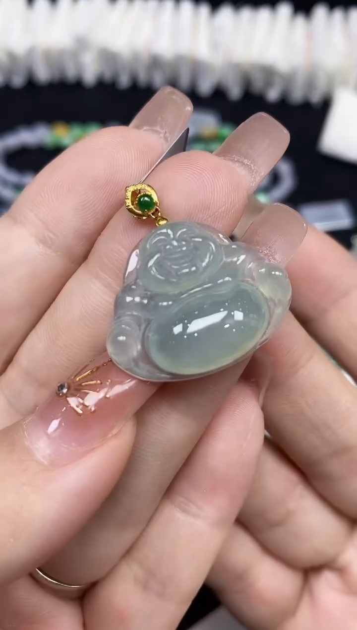 吊坠(不含链)18K金镶嵌翡翠佛公18K金扣镶嵌@@1354-1