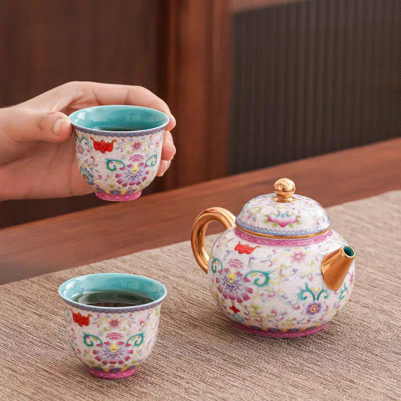 景德镇手工制作釉下彩松石绿珐琅彩花开盛世高端陶瓷茶具