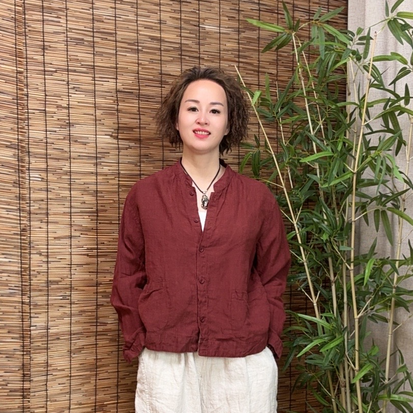 2025新款砂洗亚麻小立领衬衫短款休闲百搭纯色宽松