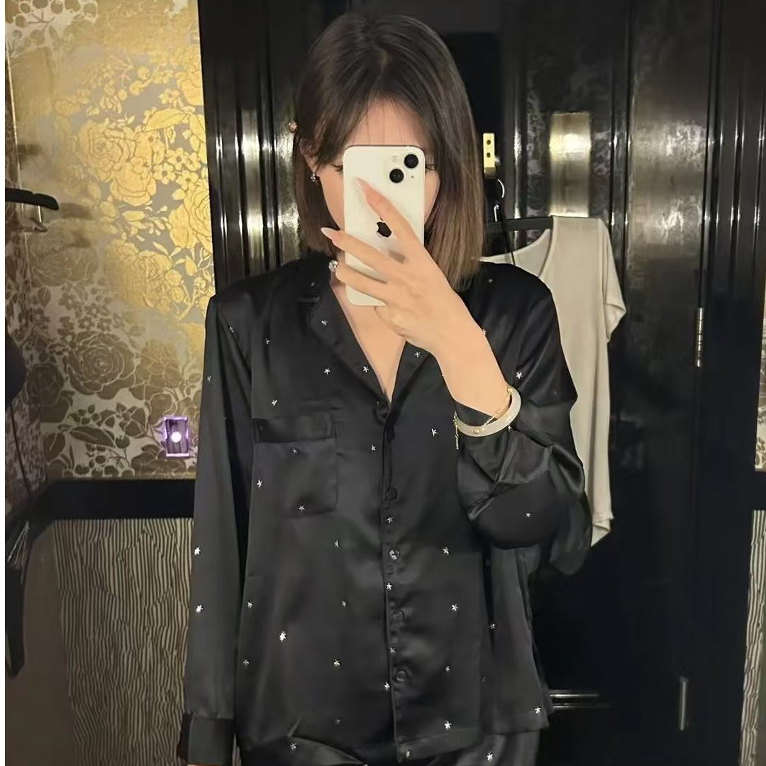 长袖冰丝睡衣女夏秋缎面星点高级感家居服
