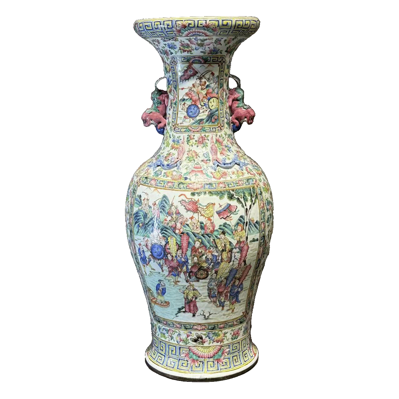 25321724t粉彩三国演义刘备娶妻纹双狮耳地瓶