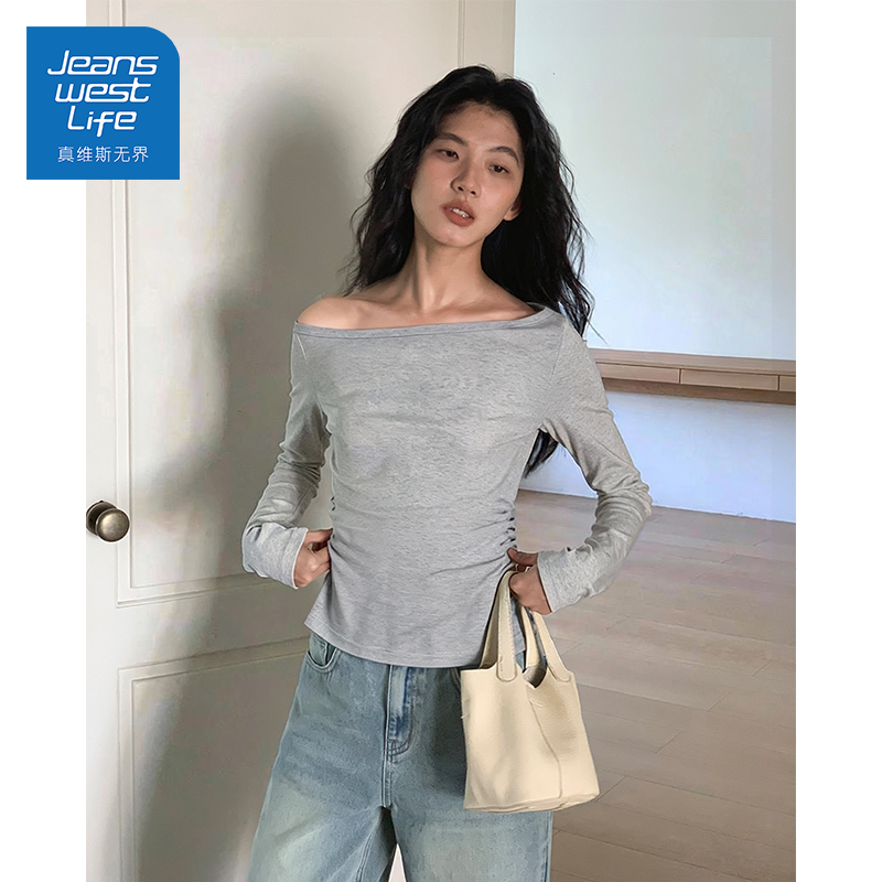真维斯无界一字领长袖斜肩早春简约风时尚显瘦亲肤百搭上衣长袖S