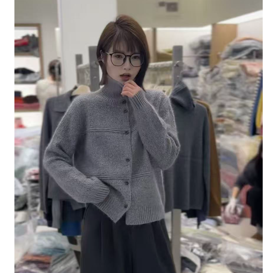 【双条纹】灰色欧货气质针织开衫女毛衣外套气质单排扣宽松上衣