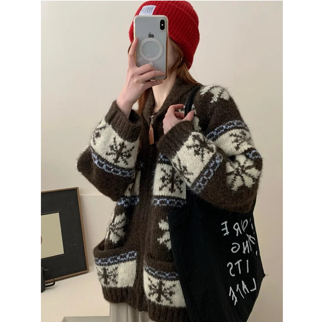 【运费补贴】皮质拉链口袋方格费尔岛女毛衣针织衫显瘦外套