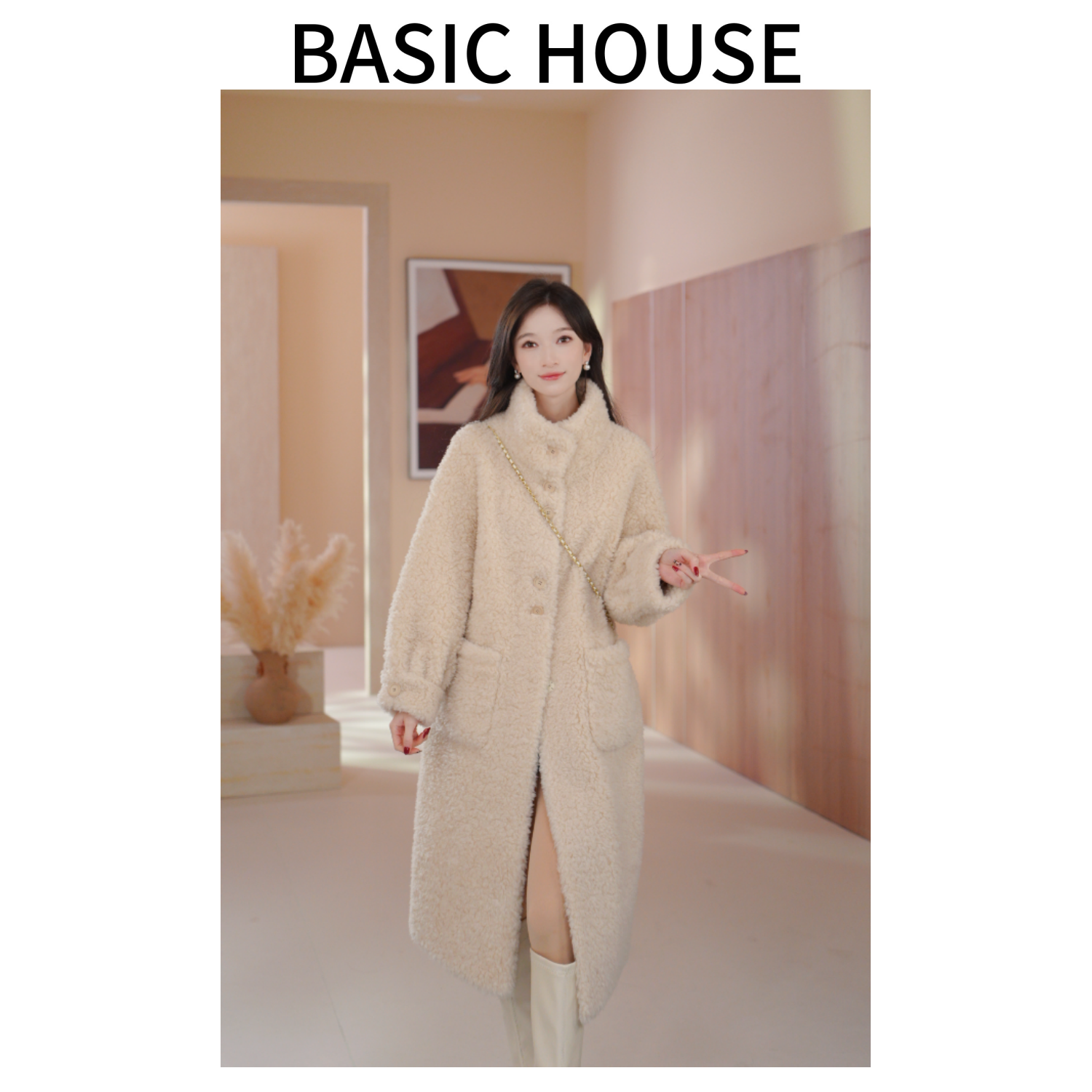 Basic House/百家好新款颗粒羊毛冬季外套高端百搭中长款大衣女C