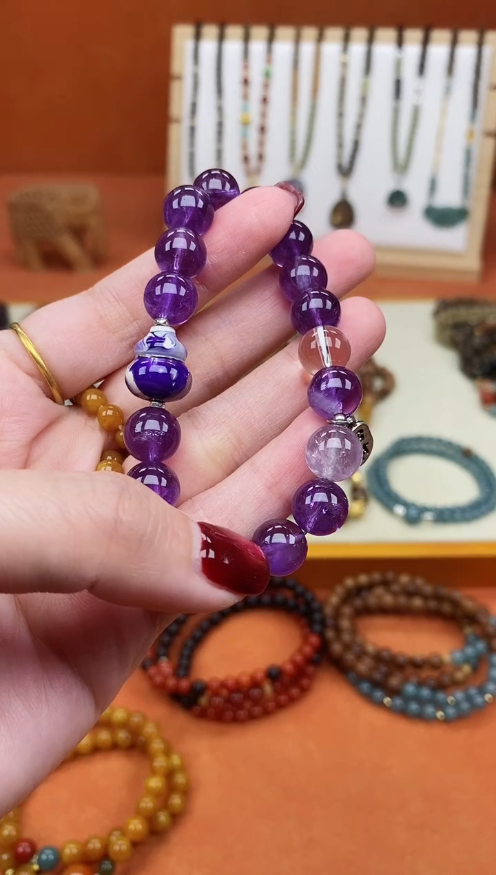 未镶嵌手链紫晶 单圈紫水晶大漆葫芦手串