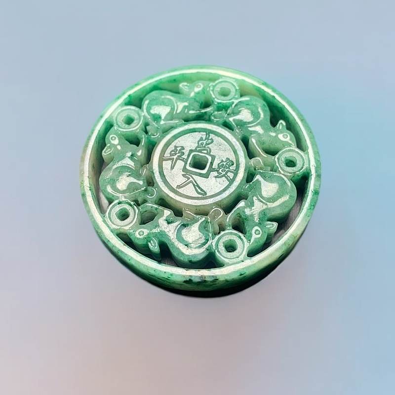 天然玉石南阳特色独山玉五鼠运财一生平安双面镂空圆形挂件A495