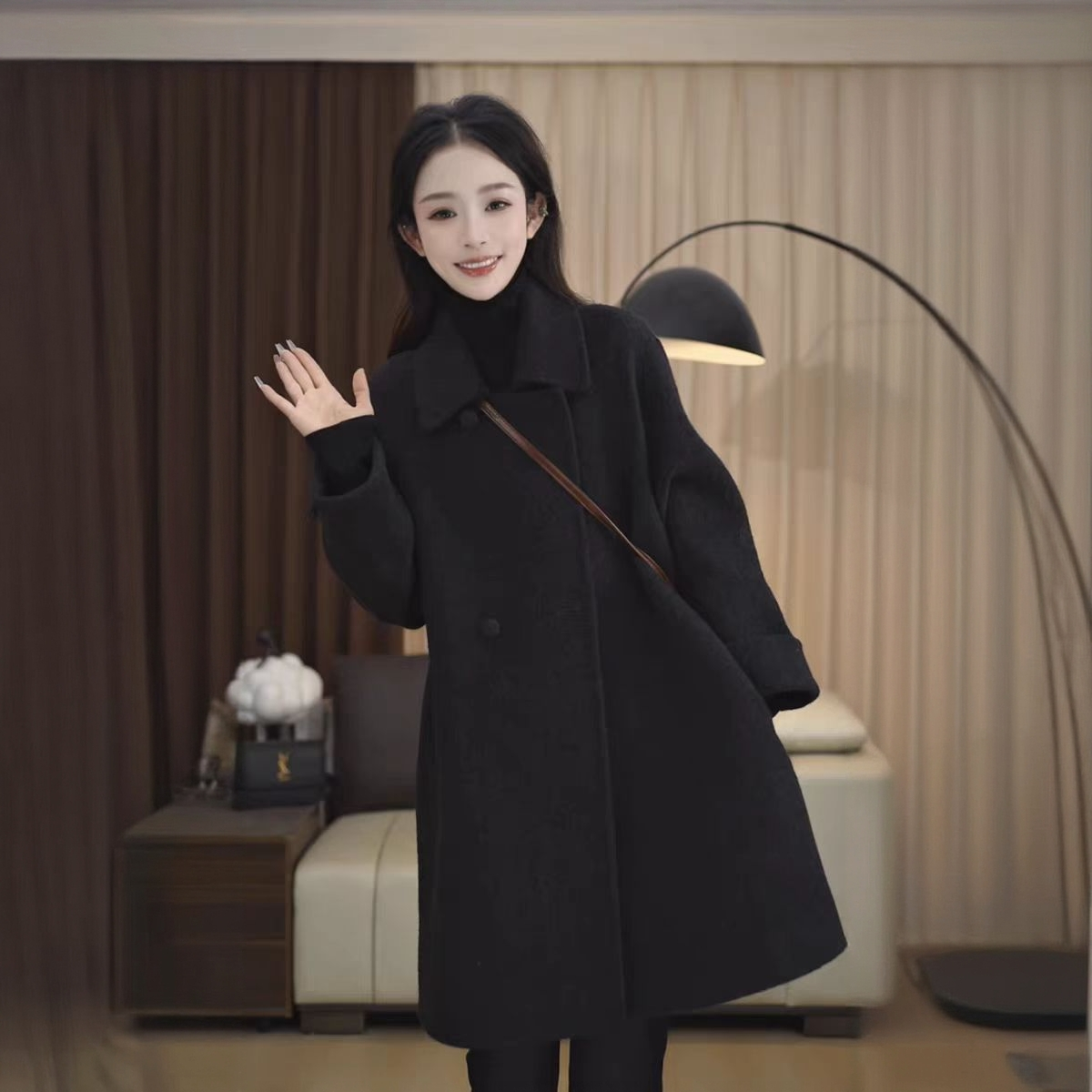 韩版双面羊毛大衣女中长款小个子2025年新款宽松毛呢外套高级感