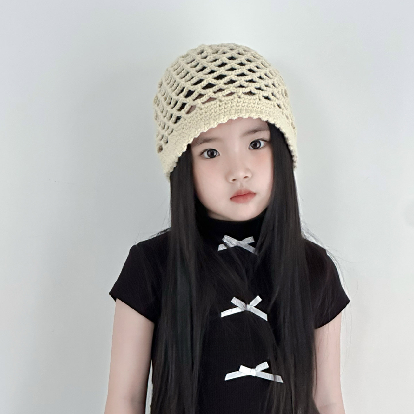 手工针织儿童镂空帽子包头帽春秋夏季薄款女童时髦百搭套头堆堆帽