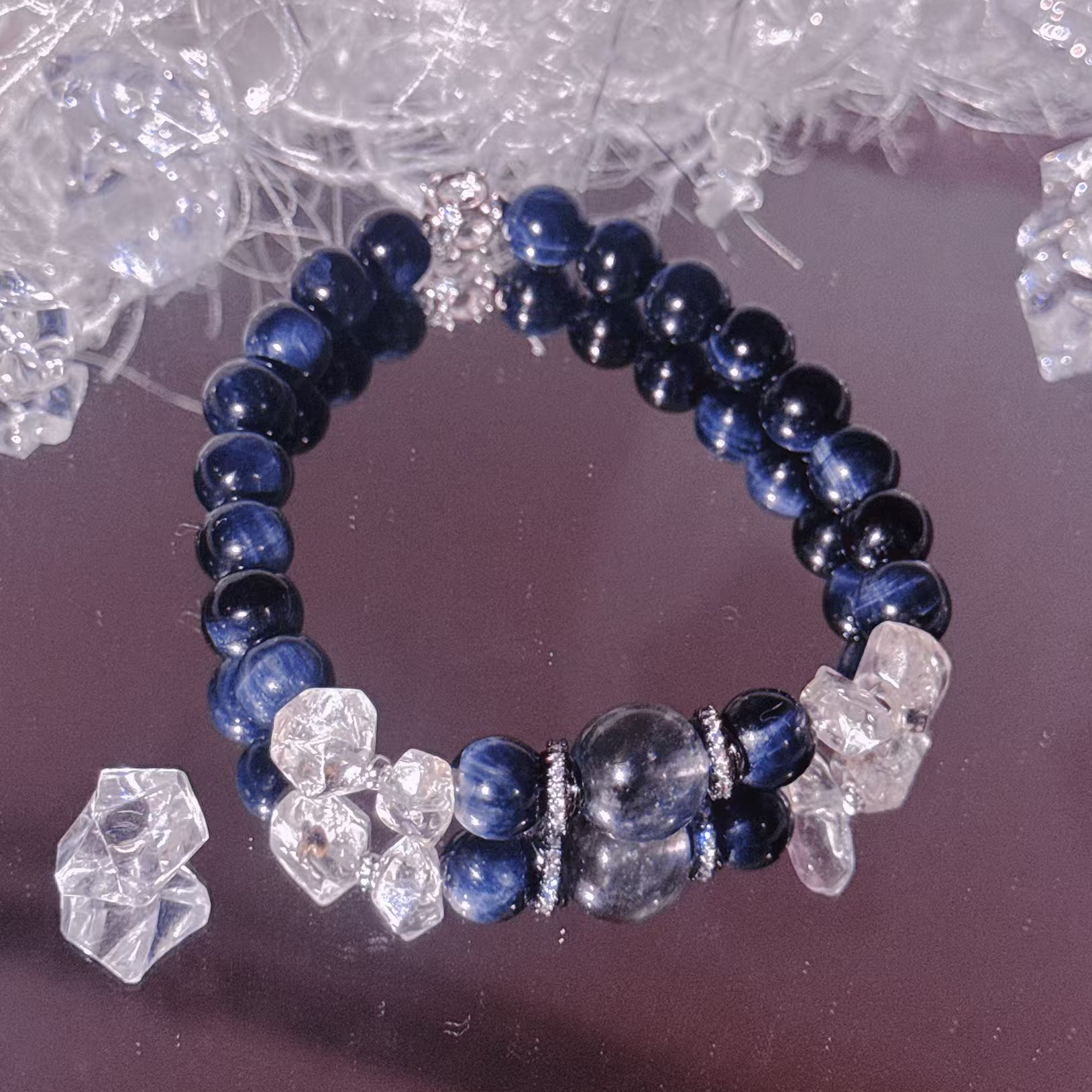 天然蓝虎眼海蓝宝爆闪手串