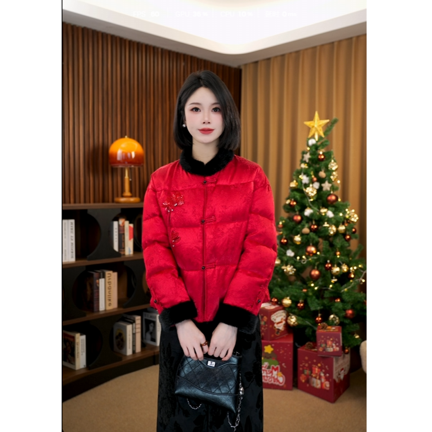 【嘉年】新中式高定冬90白鸭绒2025冬保暖亮片提花厚外套G9377