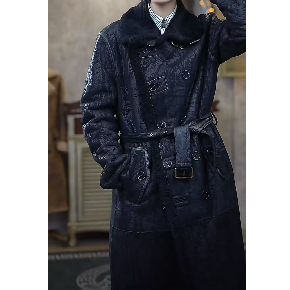 冬款男款皮毛一体外套明星同款长款大皮毛一体风衣真皮气质男士