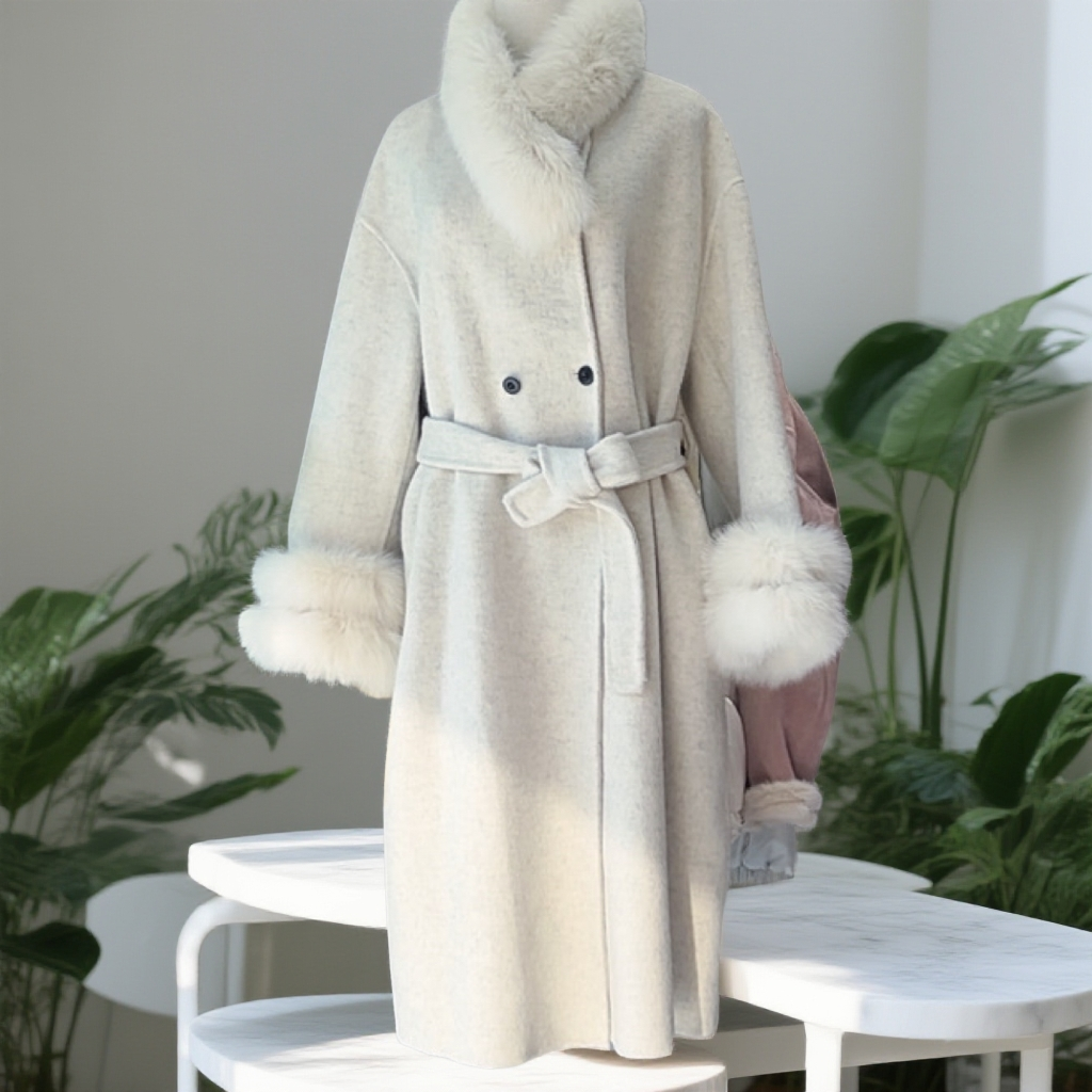 冬季新款时尚百搭可拆卸毛领长款双面羊毛大衣