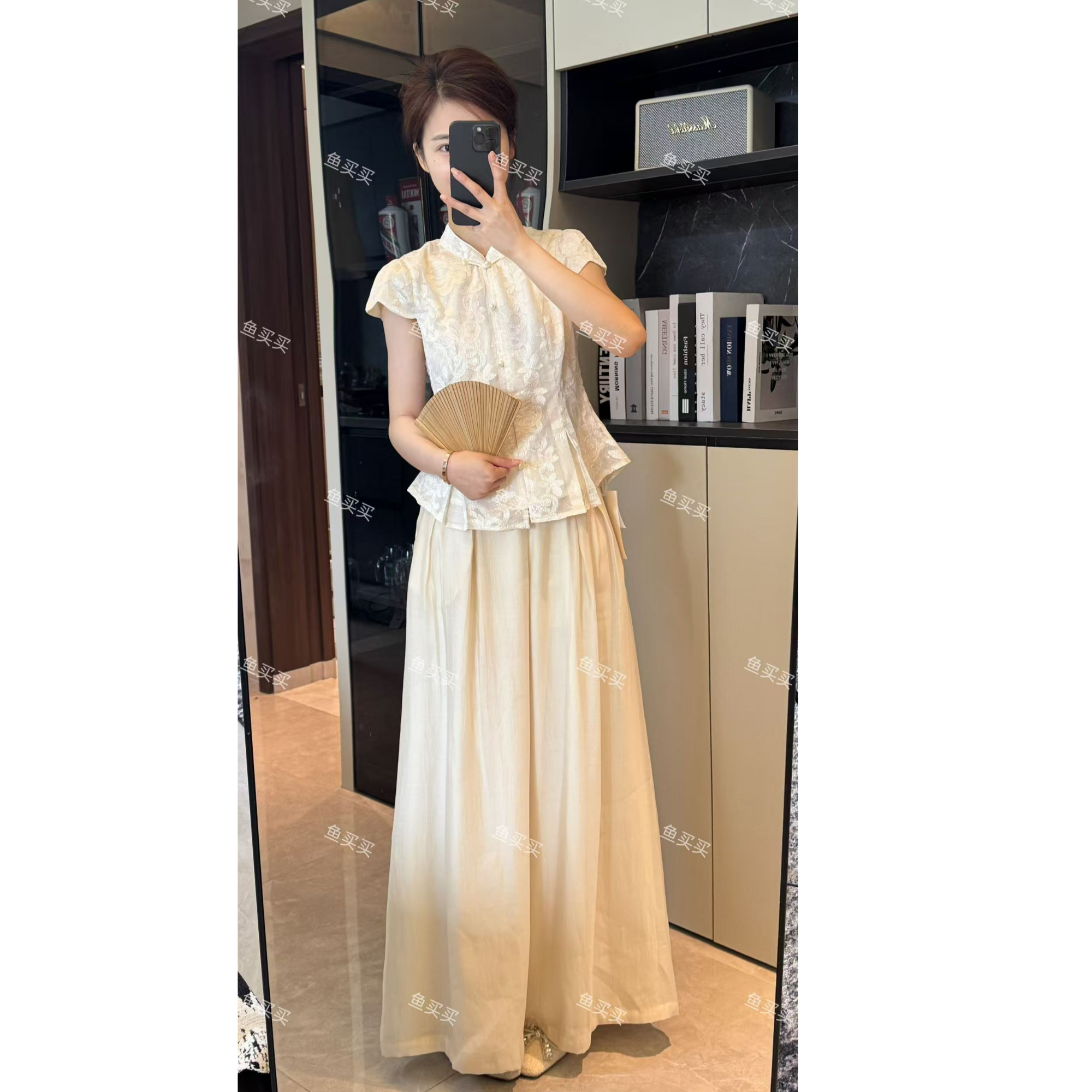 2025新款夏季重工亮片刺绣盘扣上衣阔腿裤高腰百搭休闲裤洋气套装