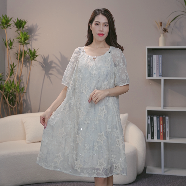 viva ‘星纱漫语‘法式轻奢风时尚百搭短袖圆连衣裙夏季6777