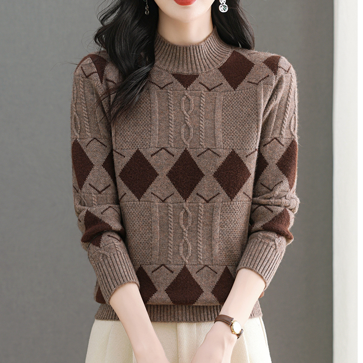 冬款加厚撞色提花半高领长袖套头宽松美拉德风妈妈衫26669