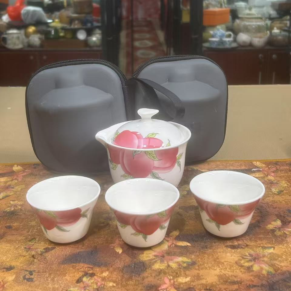 友名陶瓷 羊脂玉九桃五福一壶三杯旅行茶具-4634