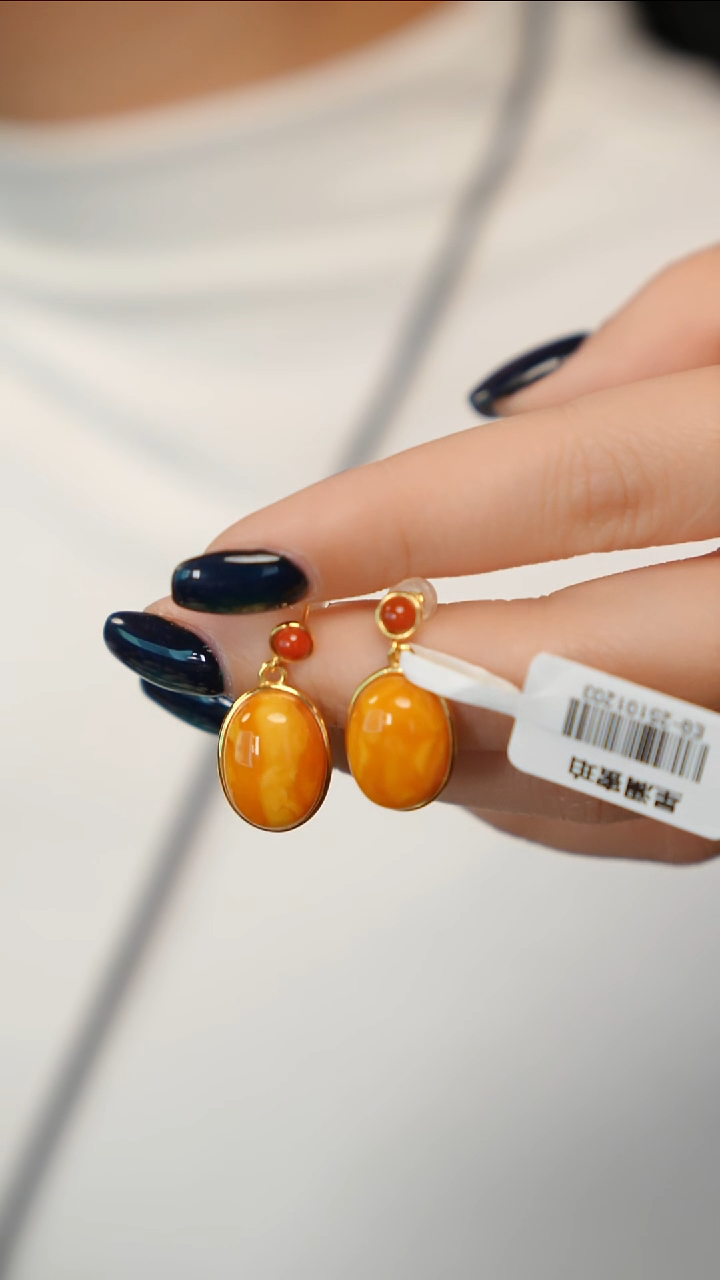 蜜蜡银S925镶嵌耳饰老蜡耳坠