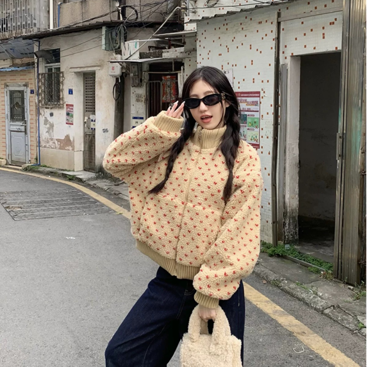 短款波点长袖外套女复古加厚保暖宽松立领上衣