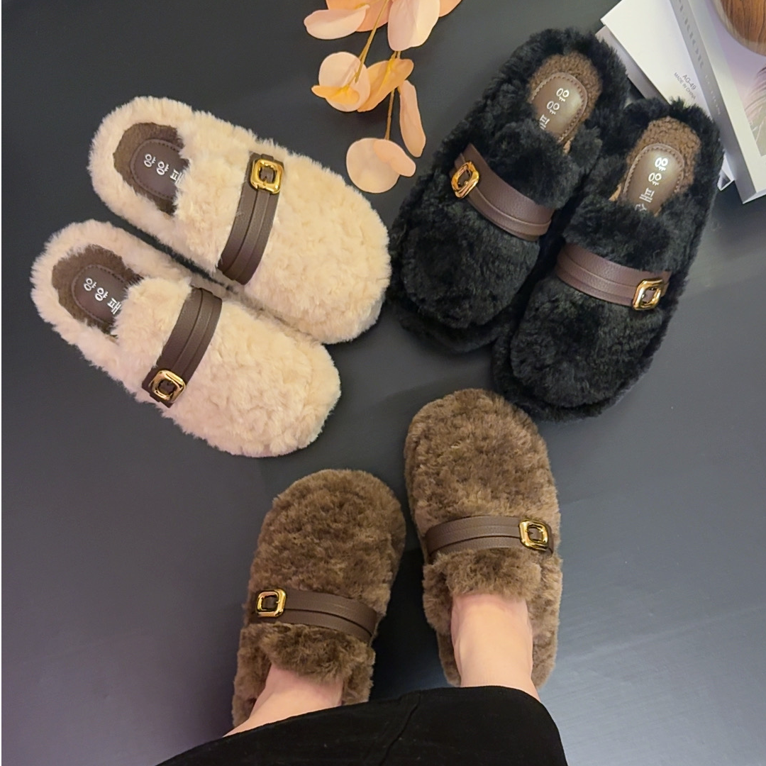 2025秋冬新款一脚蹬半拖皮带扣时尚舒适保暖毛毛鞋