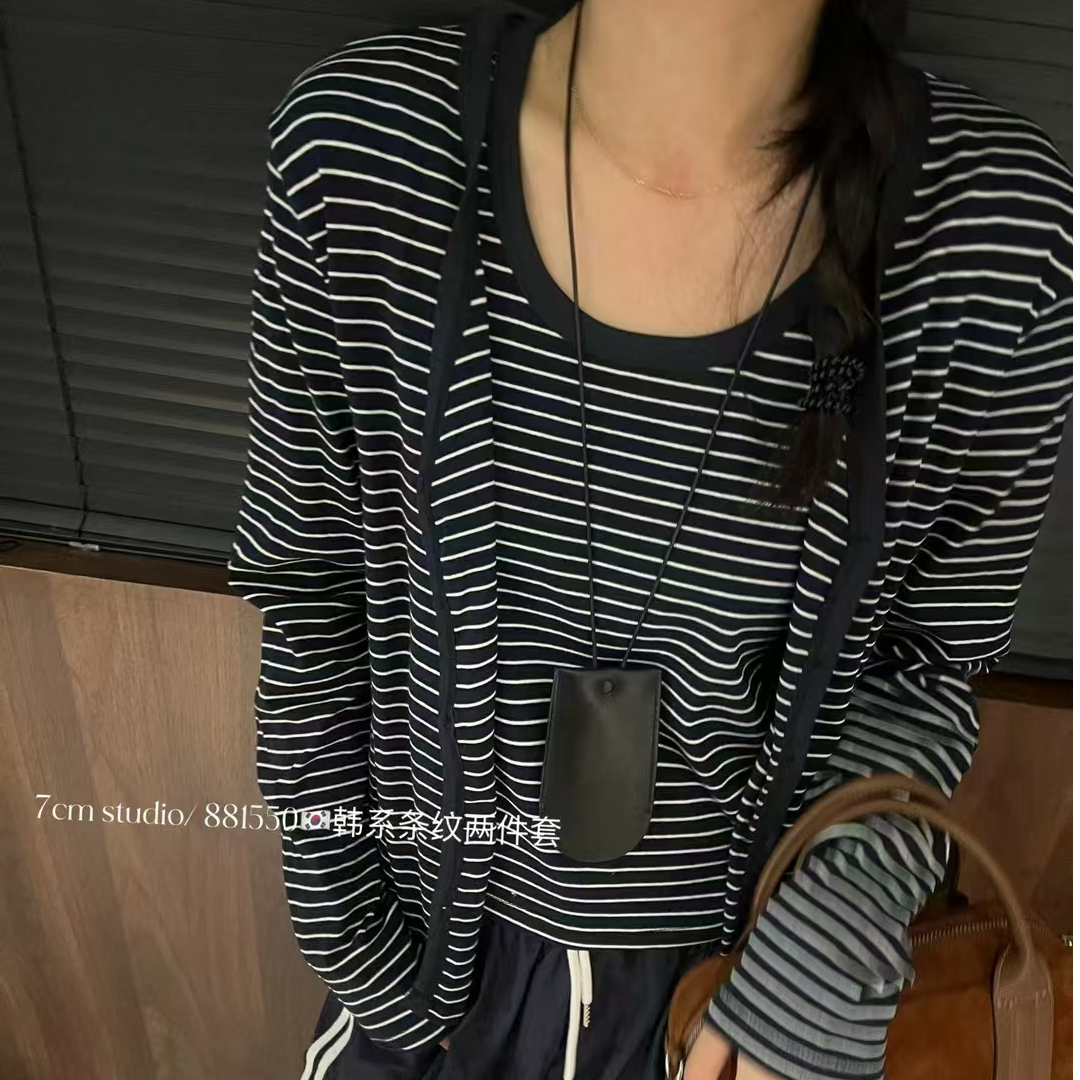 慵懒风撞色条纹长袖小开衫+修身短款无袖吊带背心两件套女装上衣