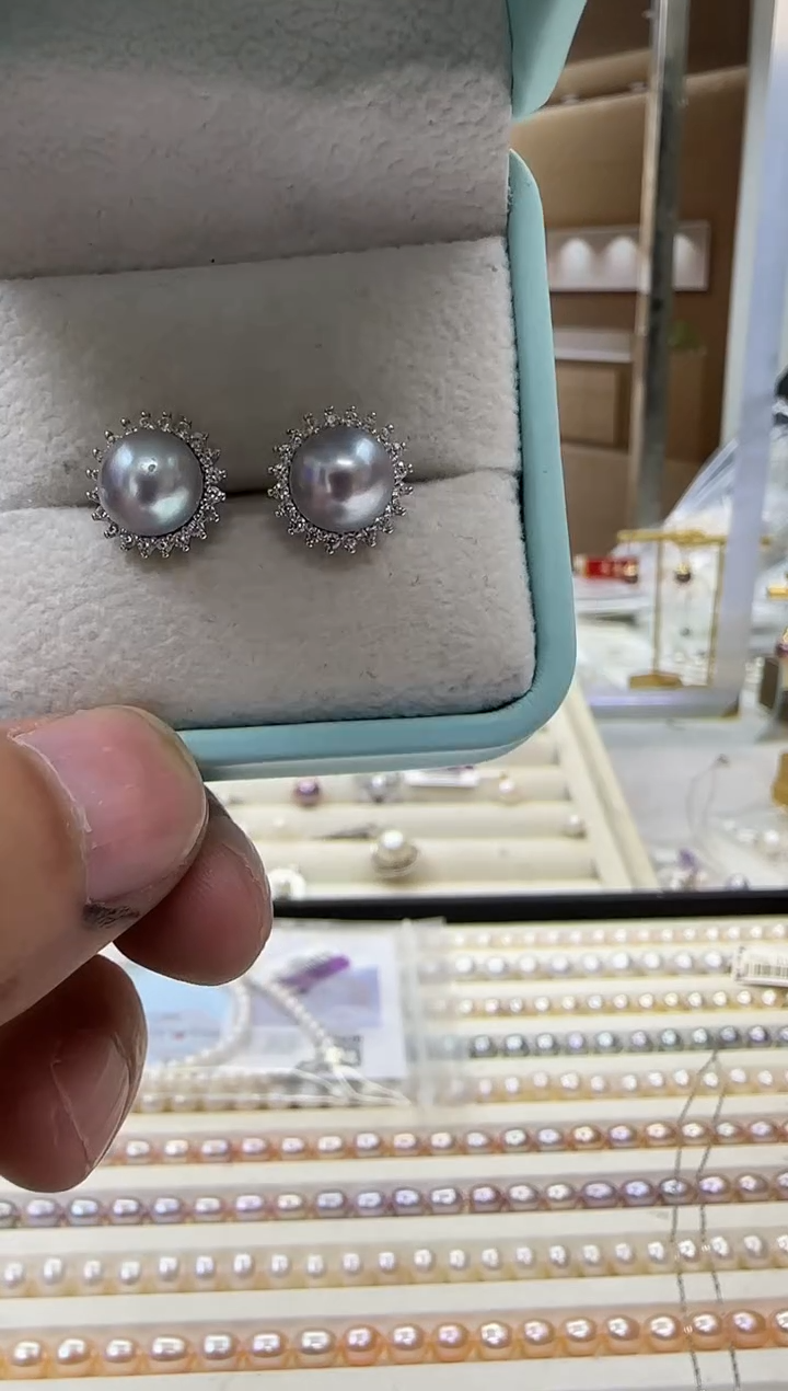 银S925镶嵌海水珍珠耳饰真多麻耳钉8-8.5mm