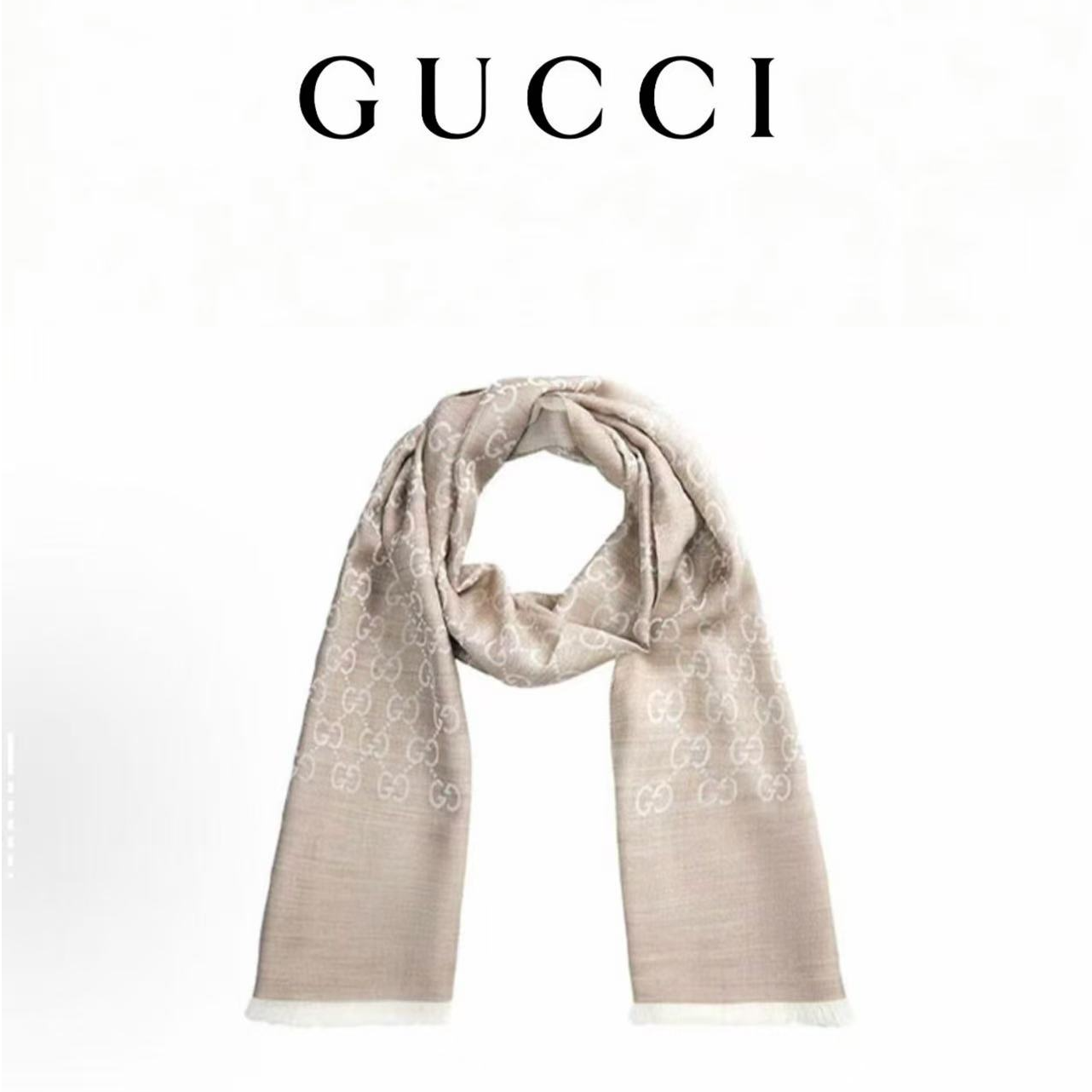 GUCCI/古驰双G双面织花 流苏披肩  绒线围巾 男女同款 浅卡其色