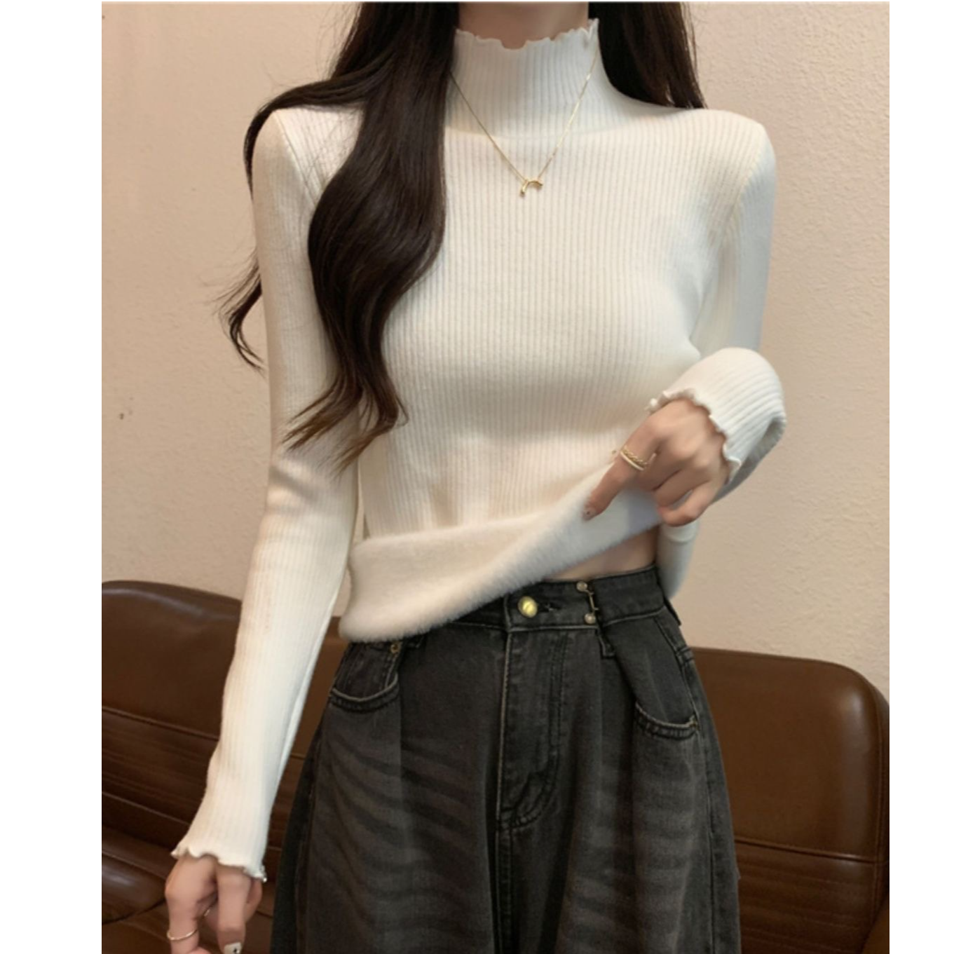 打底衫女秋冬内搭高级感半高领毛衣木耳边针织衫上衣一体绒保暖