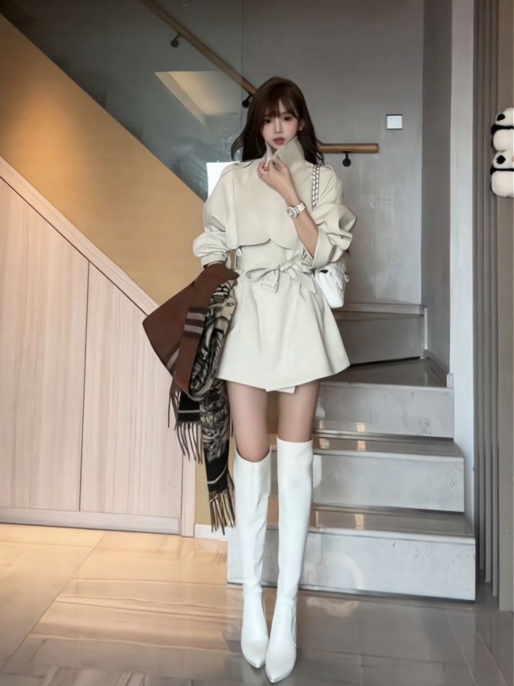 小个子英伦风大衣春季新款收腰显瘦设计感中长款系带风衣外套女