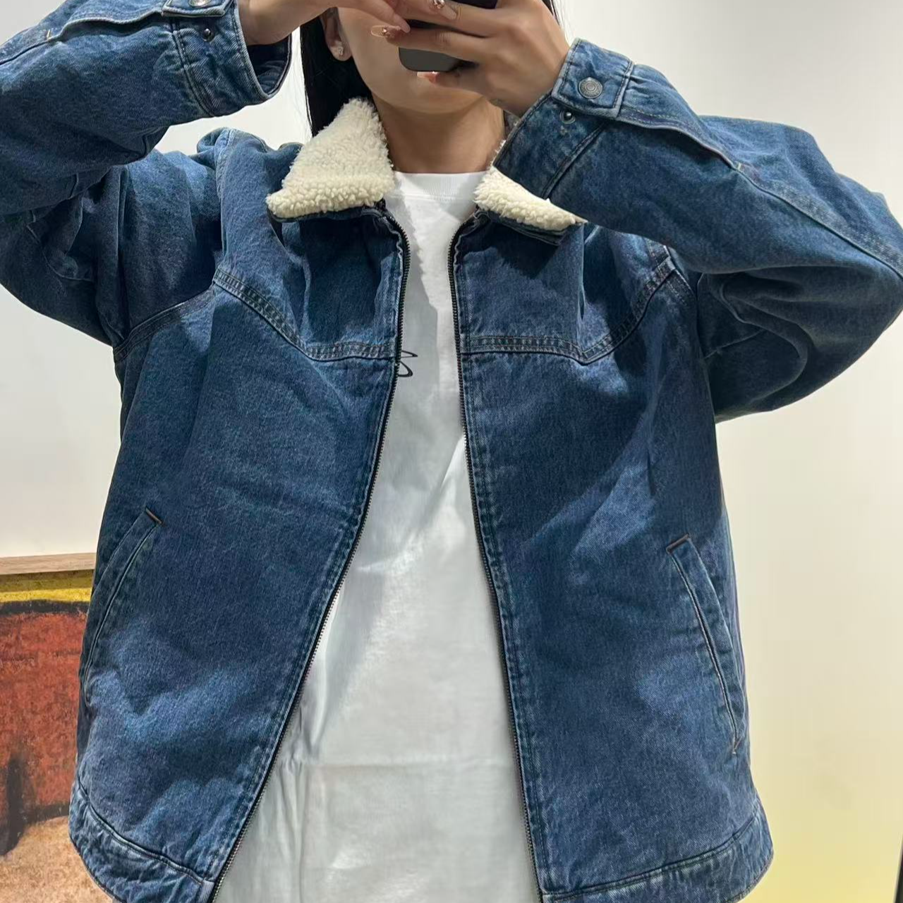 思思 牛仔外套蓝色羊羔绒领