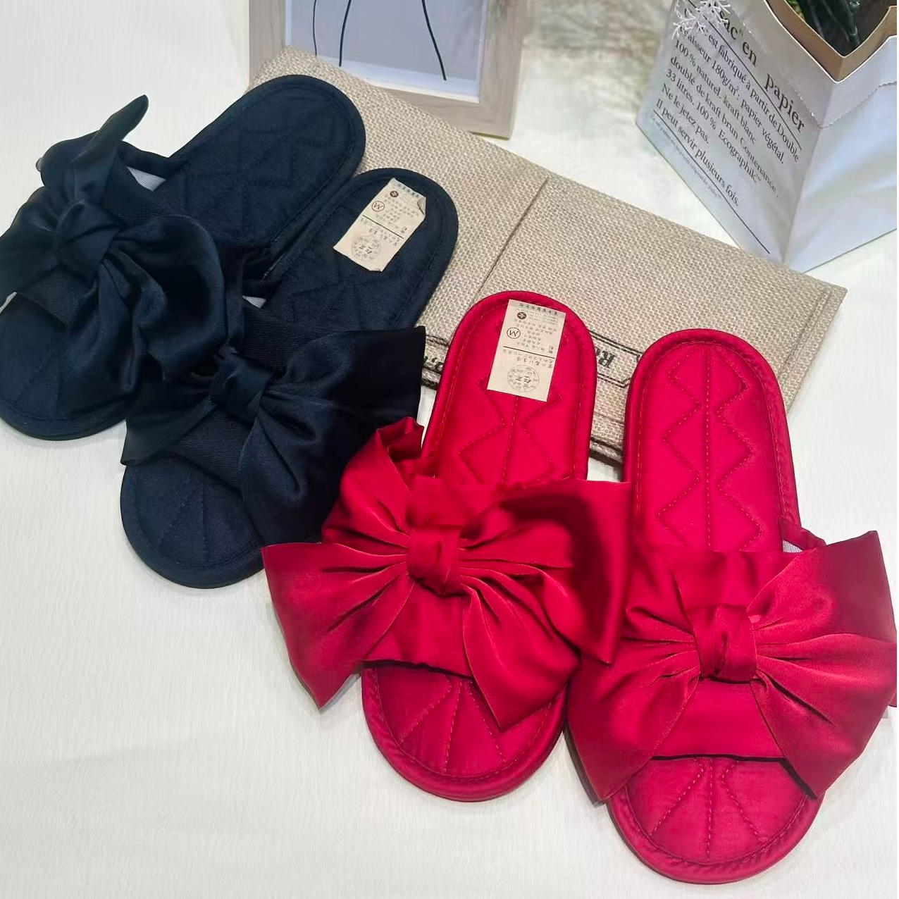 伍茶春夏新款女士布底韩国丝绸大蝴蝶结室内拖鞋