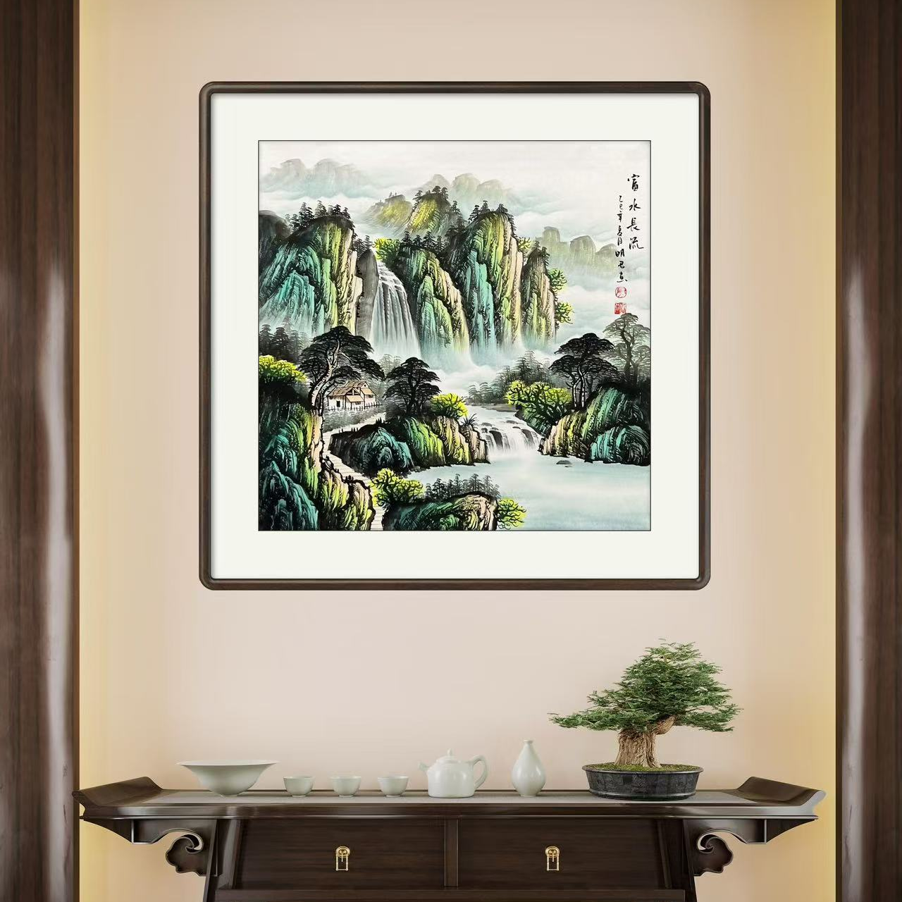 《富水长流》斗方手绘国画书房茶室卧室客厅书画挂画作品文玩探宝