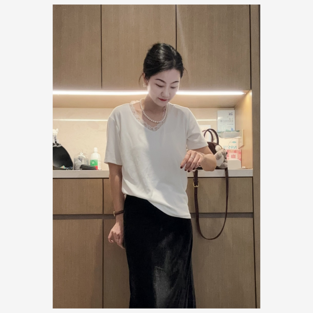Lily Studio法式蕾丝花边V领正肩短袖T恤女春夏季宽松上衣内搭