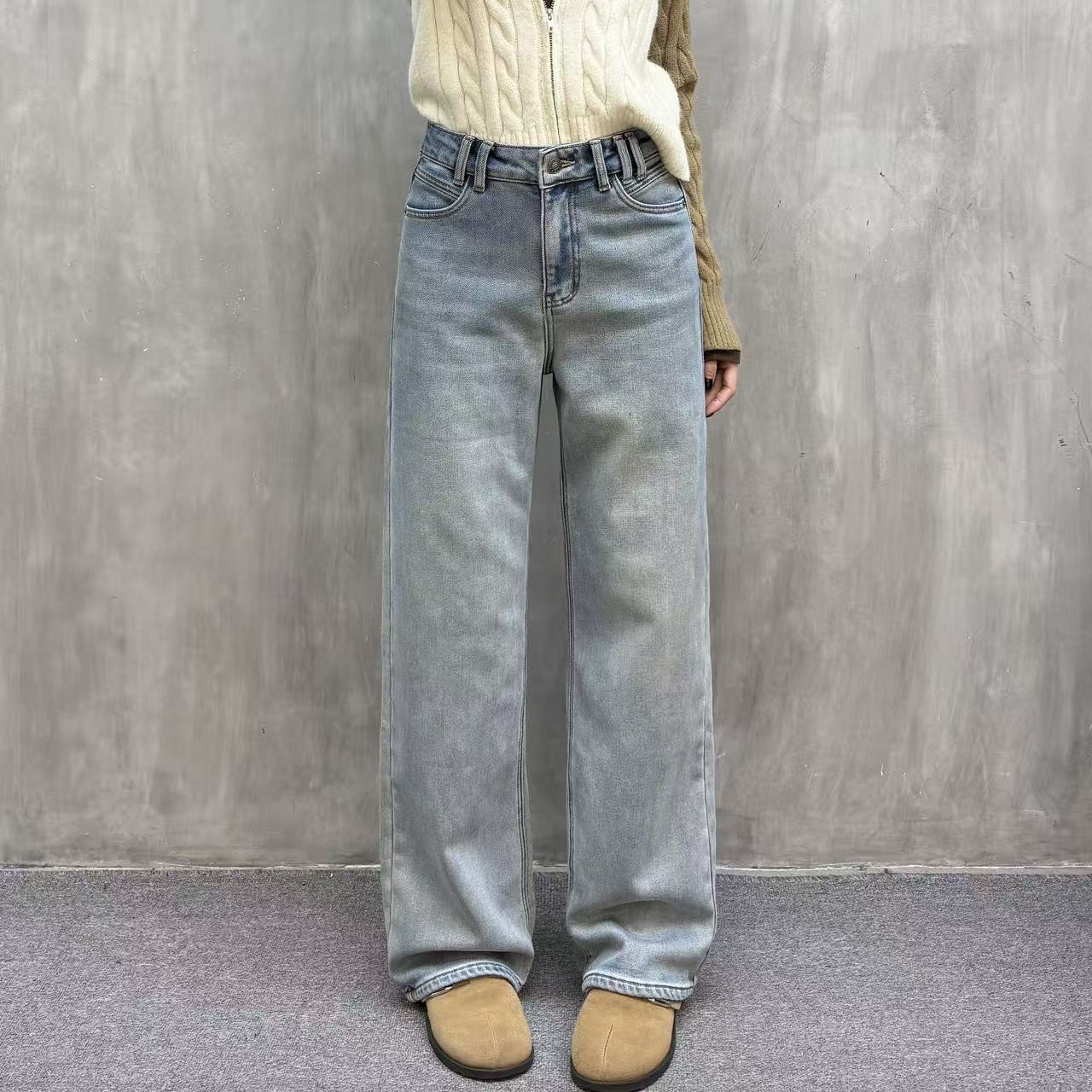 【裤博汇】6176奶油复古蓝德绒高定筷子裤软牛仔高腰窄版直筒裤