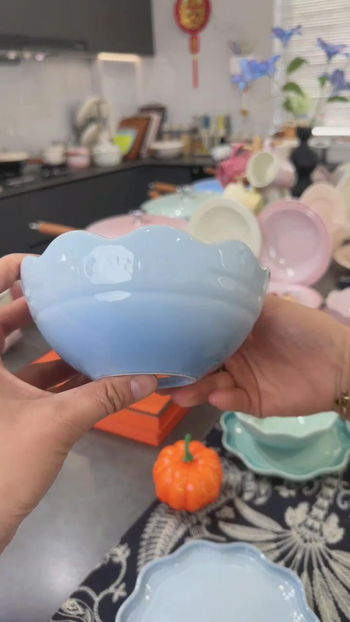 【闪购商品】瓷炻彩花边碗14CM-尼罗蓝