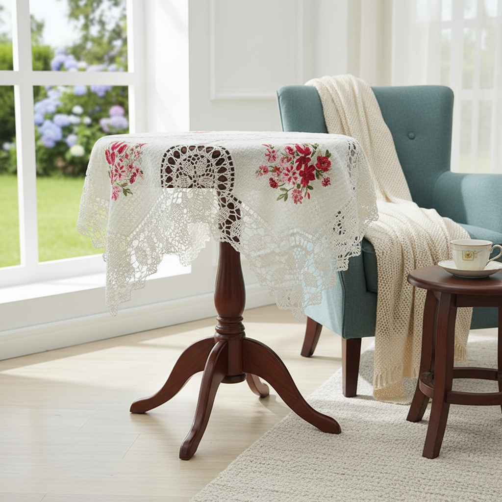469【85*85cm】手工钩针丝带绣盖巾沙发靠背巾镂空家用盖布
