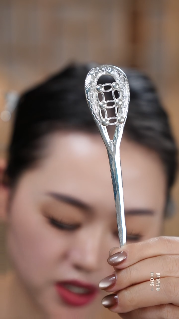 珐琅足银999牡丹花福字款单脚发簪