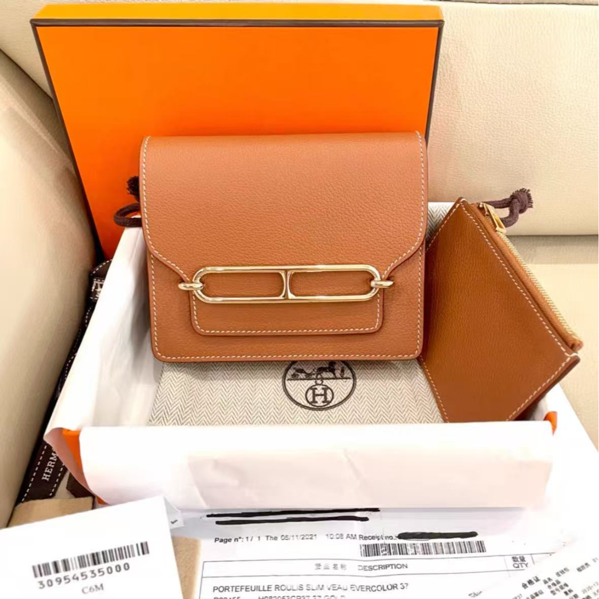 99新 Hermes/爱马仕 猪鼻子slim钱包金棕金扣